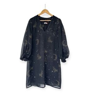 Whimsigoth Celestial Moon Star Sheer Dress L Balloon Sleeve Witchy Goth
